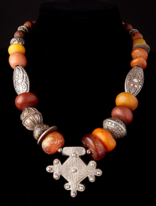 Berber Trade Bead Necklace, with Cross and Amber (0176)
