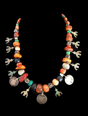 Old Moroccan Coin Necklace with Coral and Amber