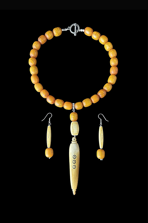 Amber Colored Resin Beads and Bone Necklace and Earring Set