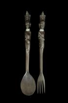 Pair of Hand Carved African Ebony Wood Salad Servers With Tribal Motif - Kenya